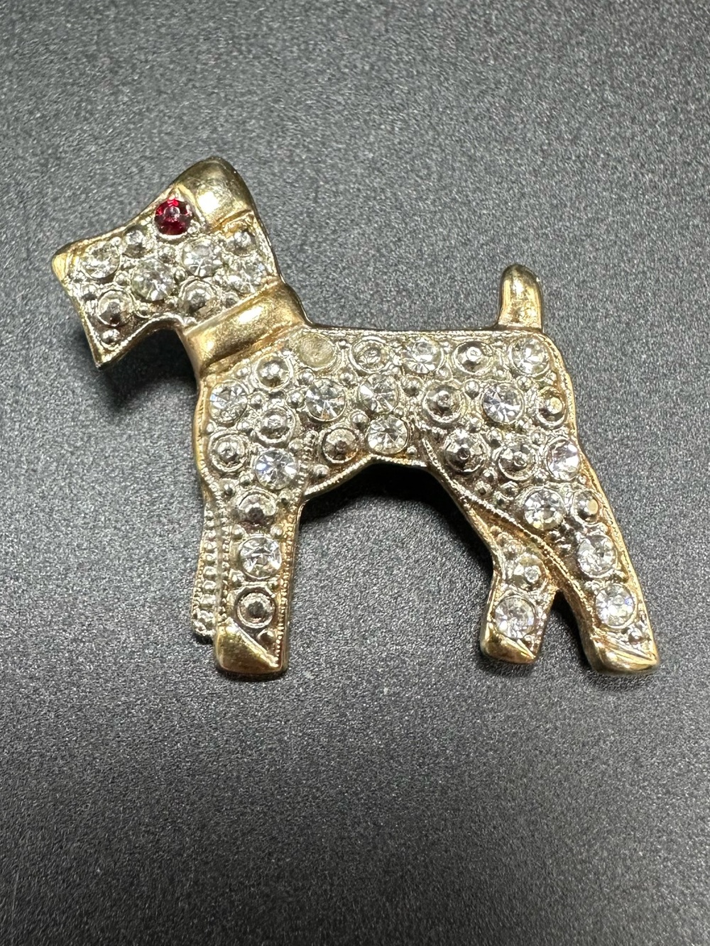 Vintage Gold-Tone Crystal Dog Brooch with Red Accent Eye